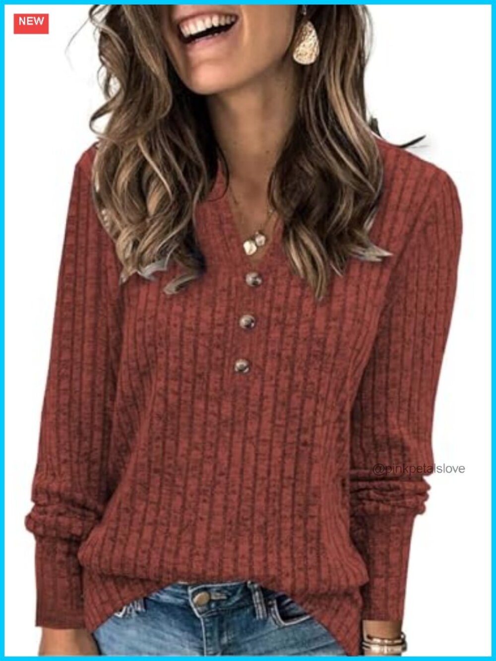 Womens Henley Neck Long Sleeve Sweater Pullover Knit Fall Top